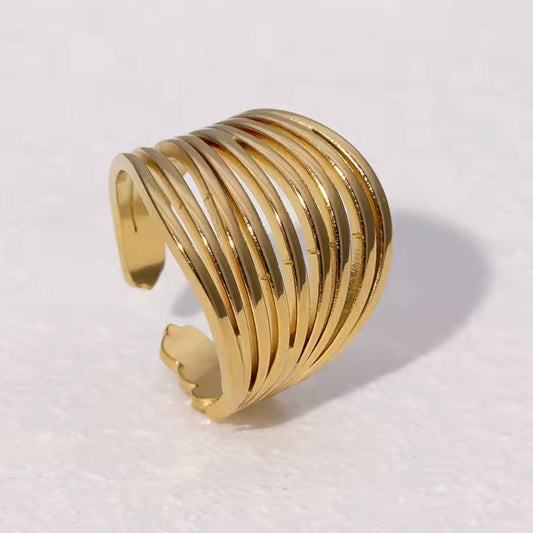 Anillo ajustable de líneas doradas - acero inoxidable