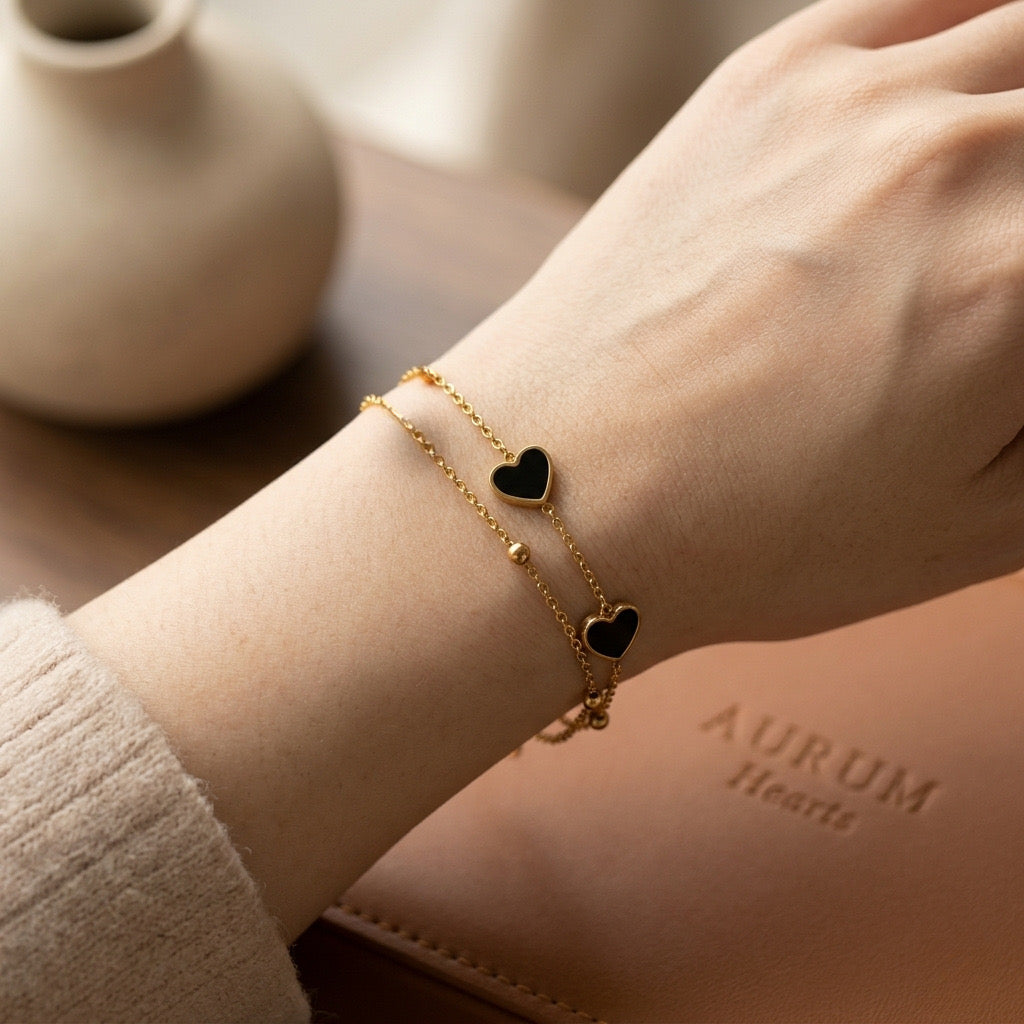 Pulsera 2 en 1 corazones negros- acero inoxidable
