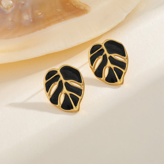 Aretes hojas negras - acero inoxidable