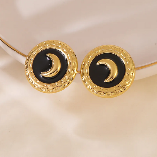 Aretes Luna dorado con negro - acero inoxidable
