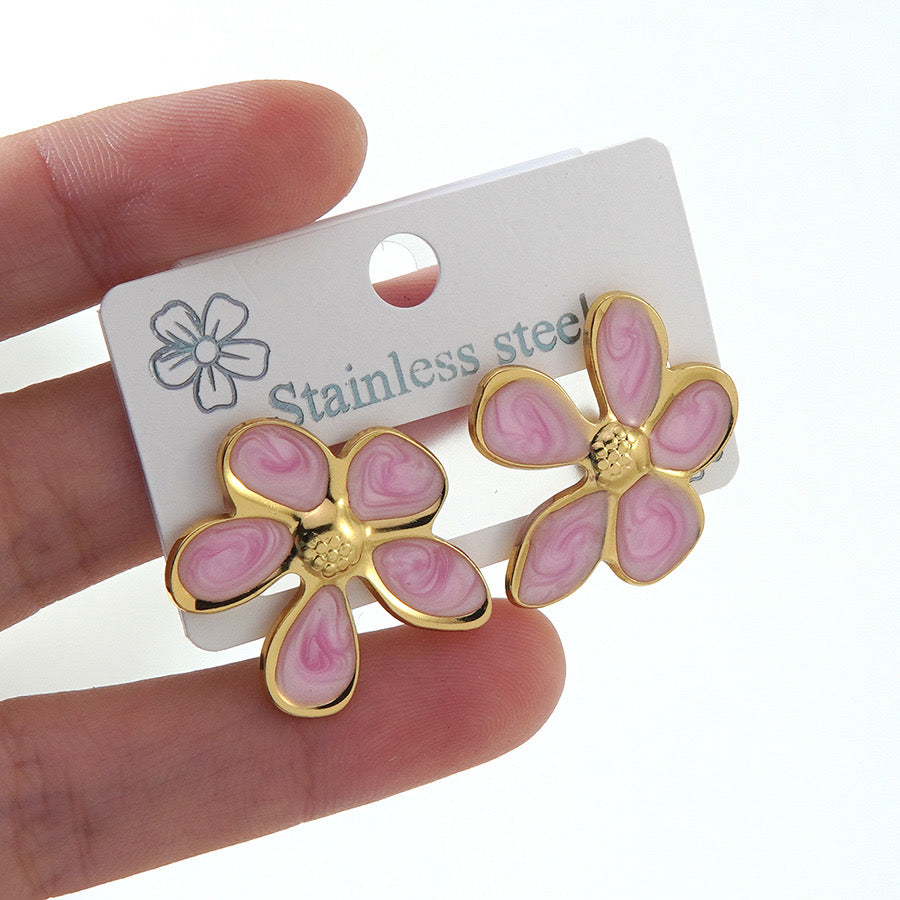 Aretes flores rosadas mod2- acero inoxidable