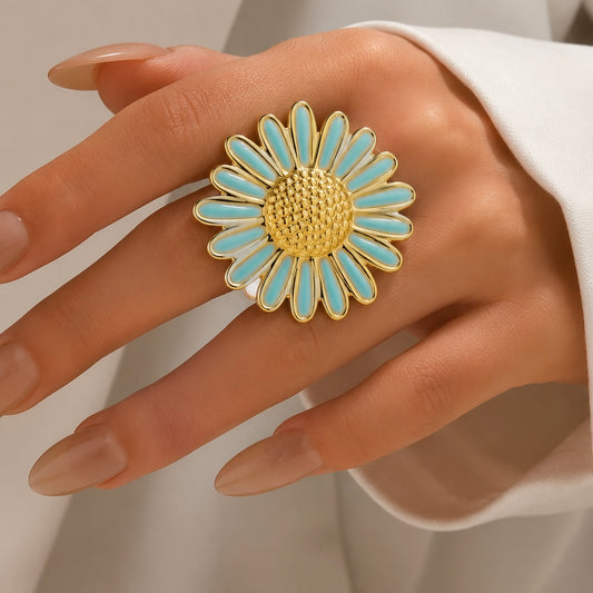 Anillo ajustable chunky flor azul -acero inoxidable