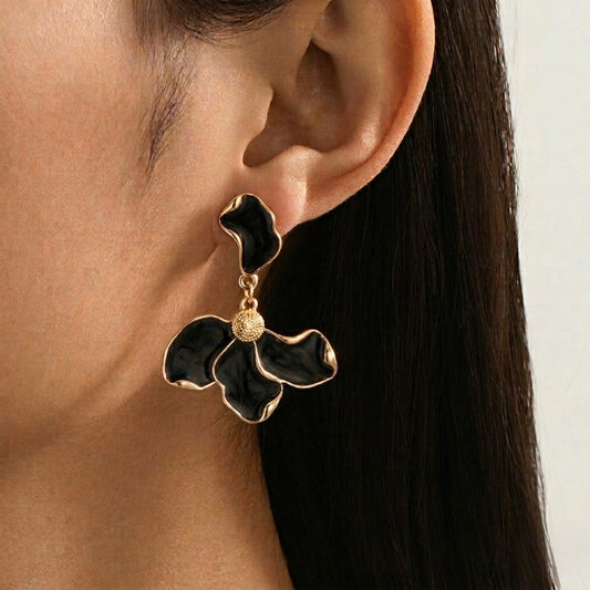 Aretes de abanico con flores- negros
