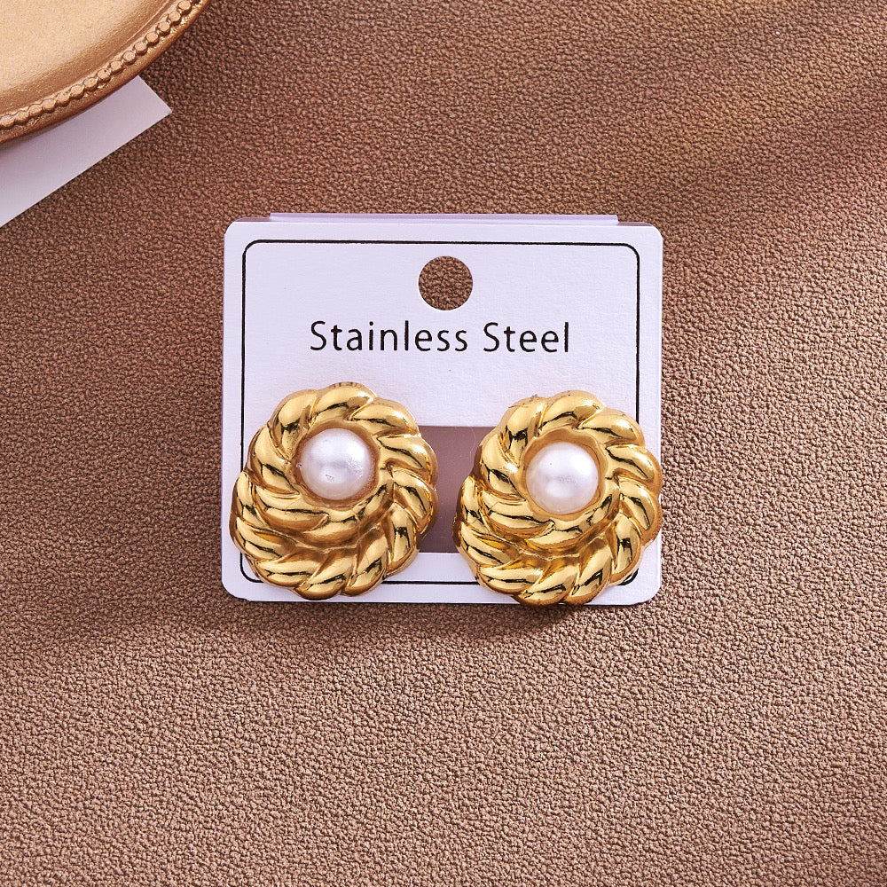 Aretes dorados perla blanca - acero inoxidable