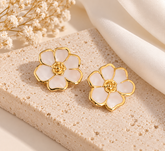 Aretes flores blancas mod3 - Acero inoxidable