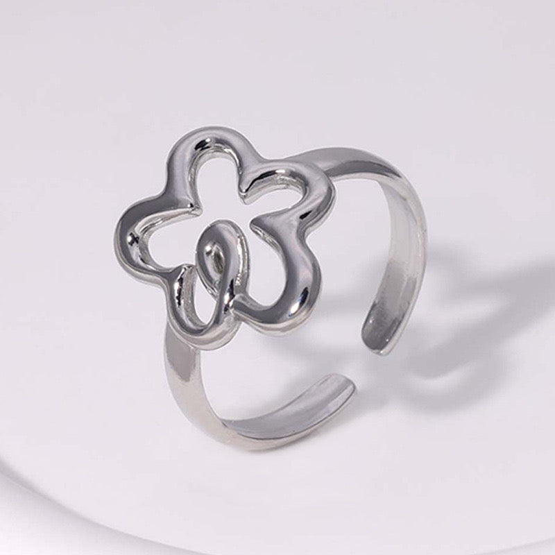 Anillo ajustable de flor plateado - acero inoxidable