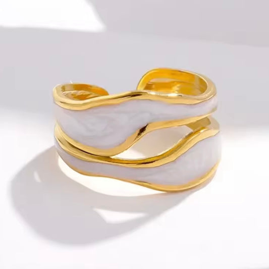 Anillo ajustable dorado con blanco / Acero inoxidable