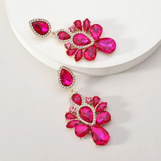 Aretes largos de pedrería - rosado