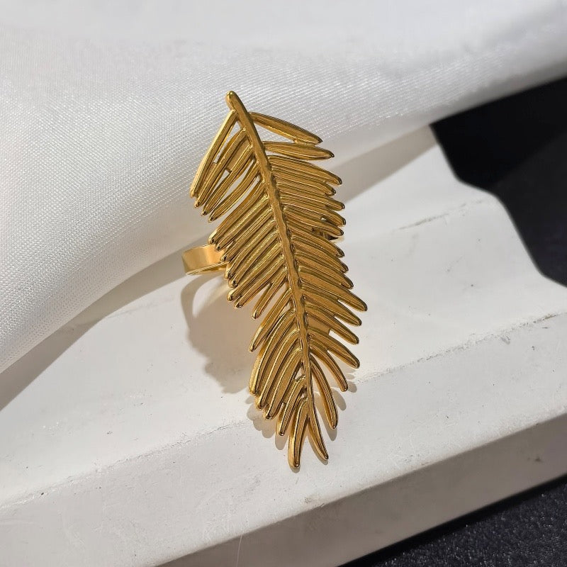 Anillo ajustable pluma dorada - acero inoxidable